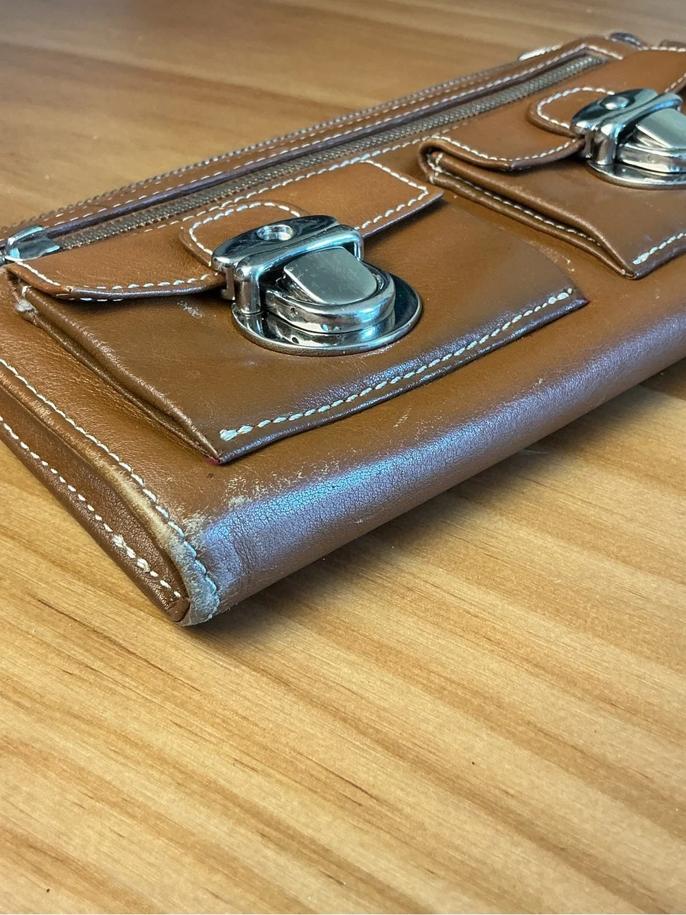 Marc Jacobs Vintage Tan Leather Zip Wallet with Front Buckle Pockets